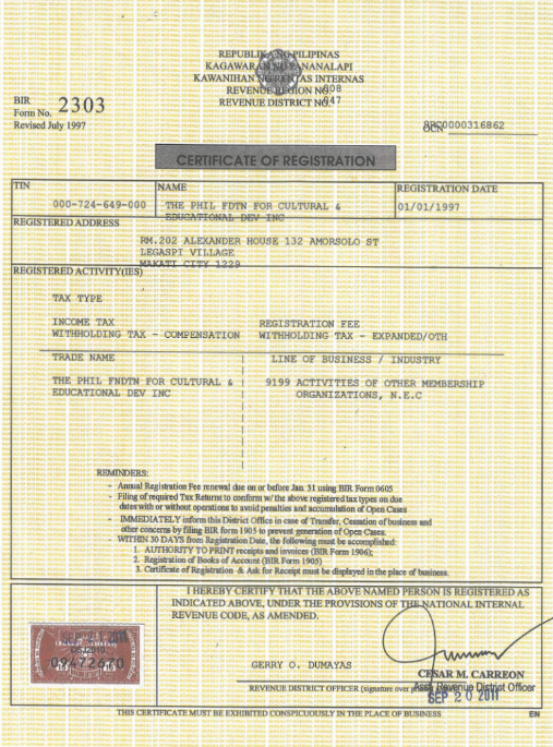 BIR Certificate of Registration
