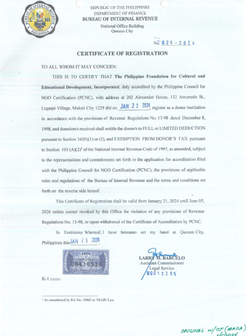 BIR Certificate of Registration as a Donee Institution
