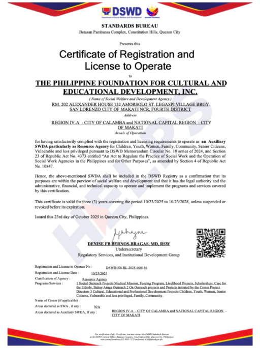 DSWD Certificate of Registration and License to Operate
