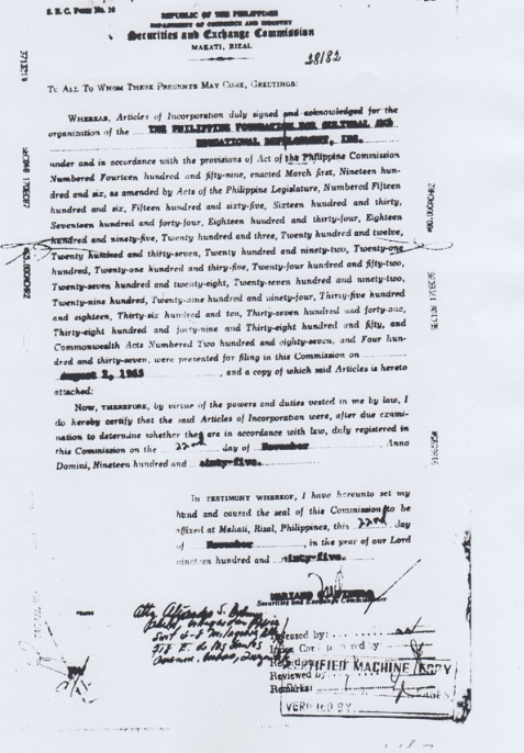 SEC Original Certificate of Articles of Incorporation