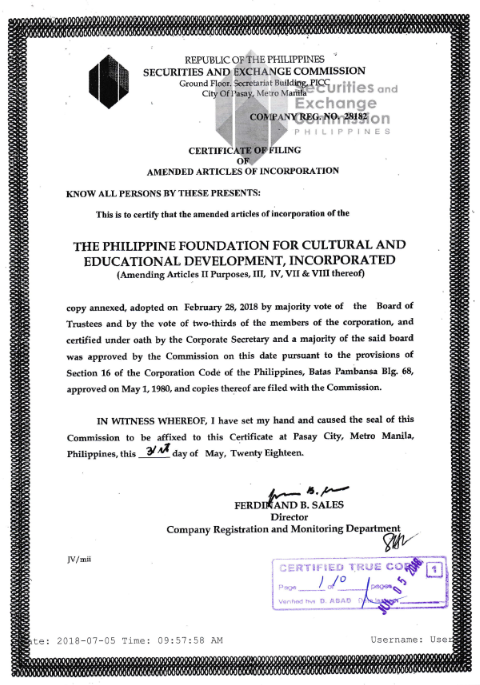 SEC Certificate of Filing of Amended Articles of Incorporation