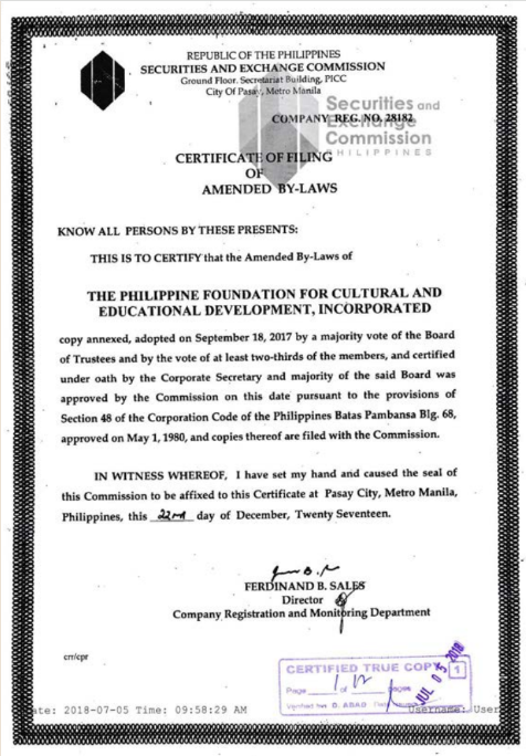 SEC Certificate of Filing of Amended By-laws